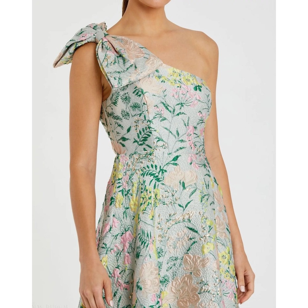 Mac Duggal One-Shoulder Floral Gown in Pastel Green and Pink - Picture 6 of 16
